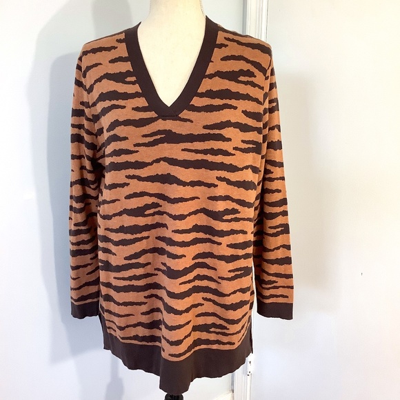 LANDS 'END WOMAN SIZE L/P 14-16 100% COTTON V-NECK BROWN ABSTRACT ZEBRA SWEATER - Picture 1 of 10